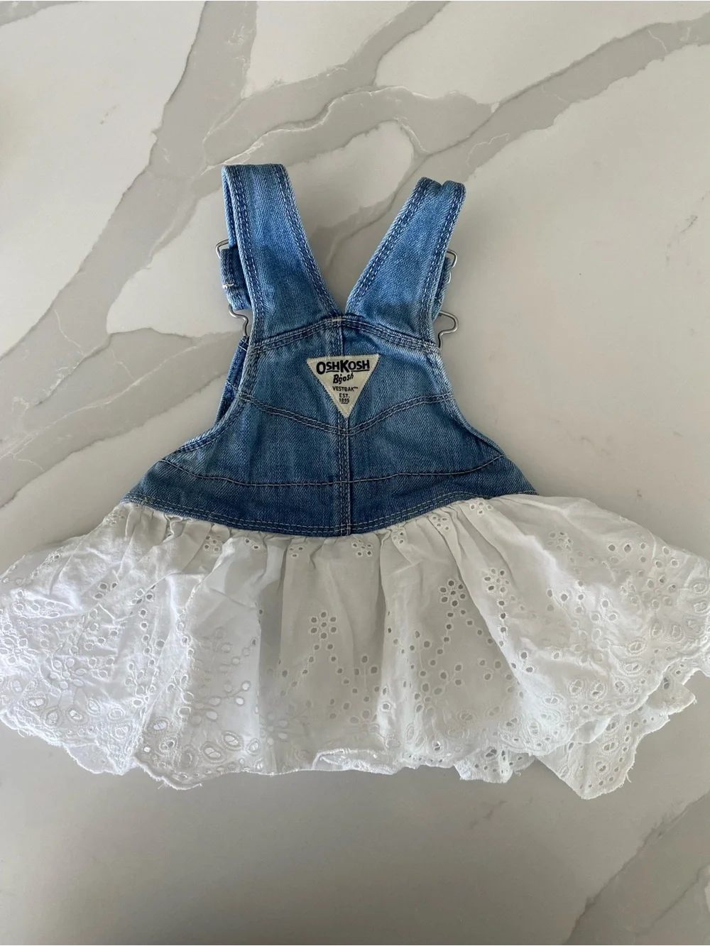 OshKosh B'gosh Denim Jumper Overall White Eyelet Lace Dress 6M